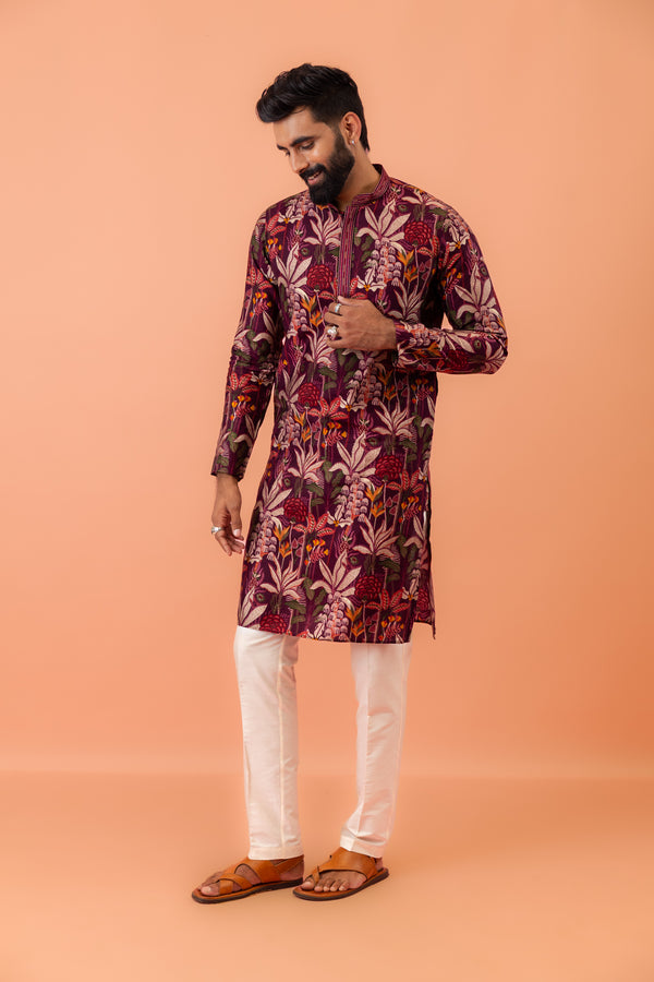 Men Maroon Multi-Color Floral Printed Kurta Set