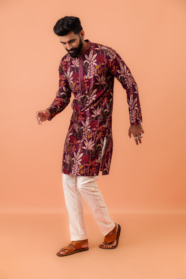 Men Maroon Multi-Color Floral Printed Kurta Set