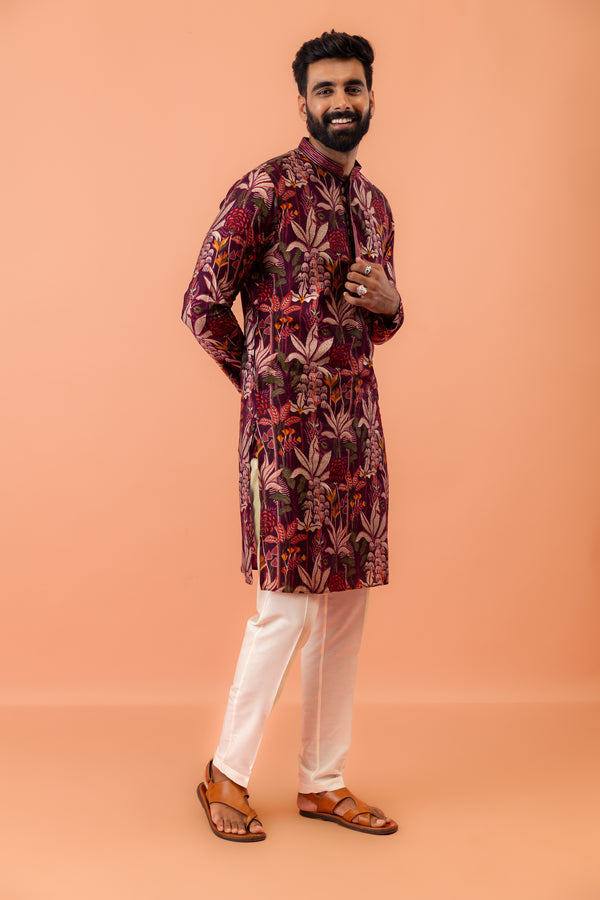 Men Maroon Multi-Color Floral Printed Kurta Set