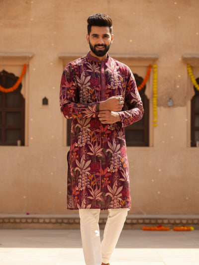 Men Maroon Multi-Color Floral Printed Kurta Set