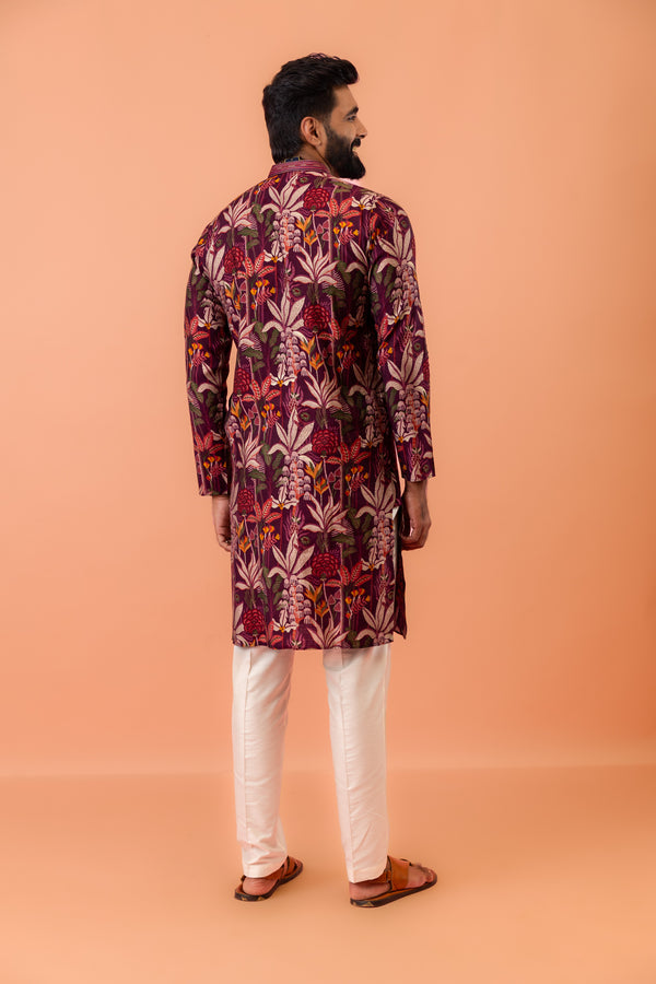 Men Maroon Multi-Color Floral Printed Kurta Set