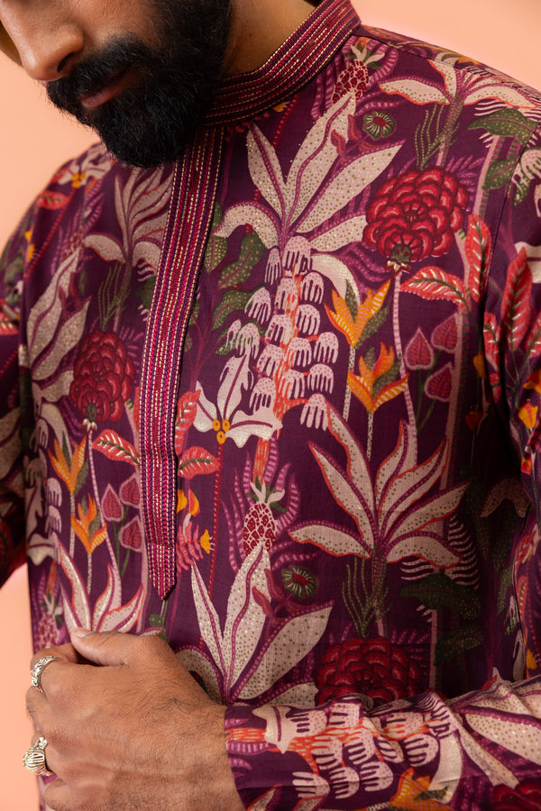 Men Maroon Multi-Color Floral Printed Kurta Set