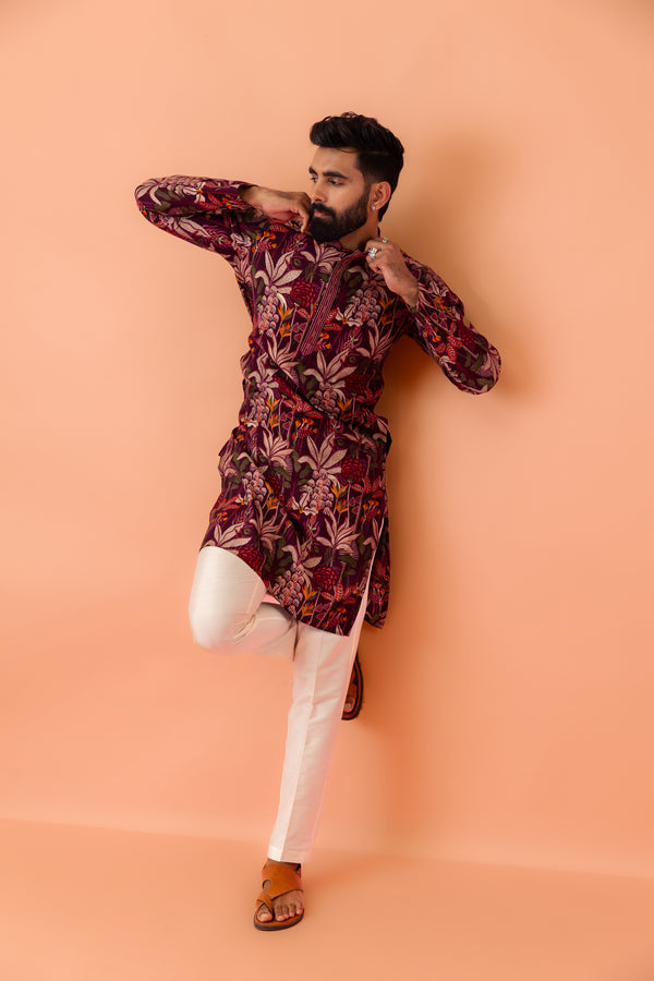 Men Maroon Multi-Color Floral Printed Kurta Set