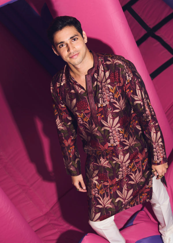 Men Maroon Multi-Color Floral Printed Kurta Set
