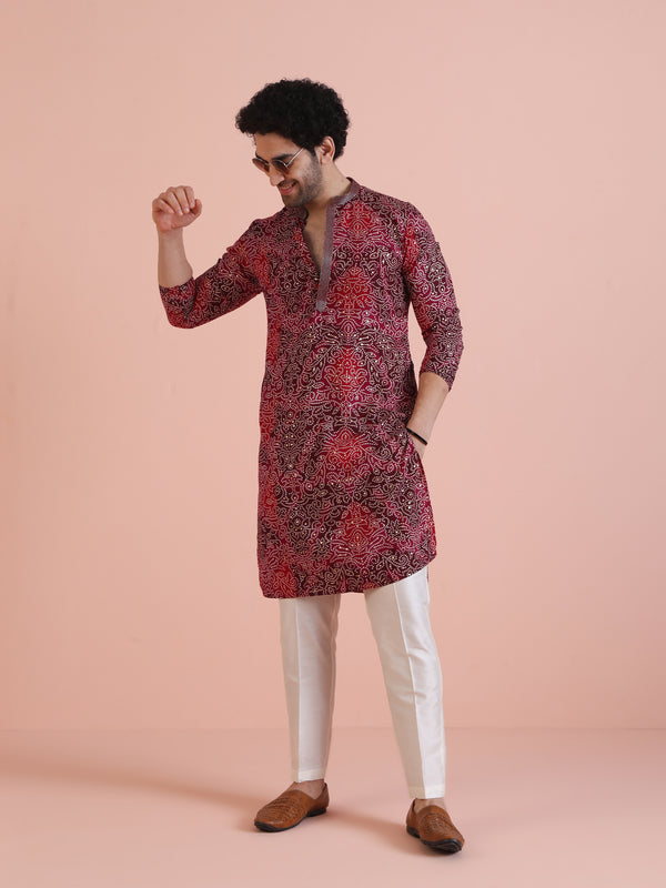 Red Silk Blend Printed Kurta White Trouser