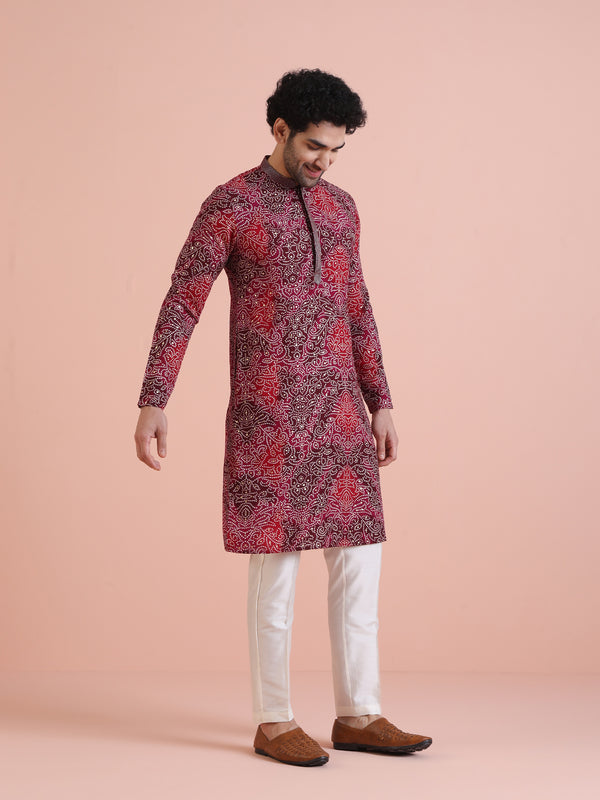 Red Silk Blend Printed Kurta White Trouser