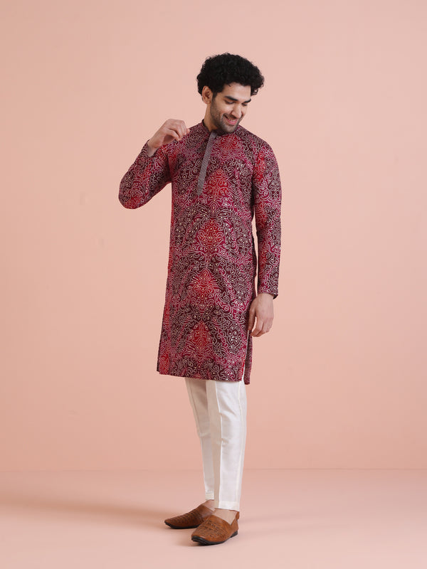 Red Silk Blend Printed Kurta White Trouser