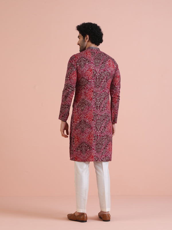 Red Silk Blend Printed Kurta White Trouser