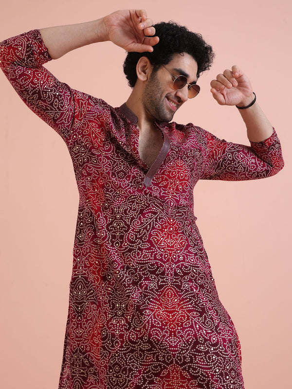 Red Silk Blend Printed Kurta White Trouser