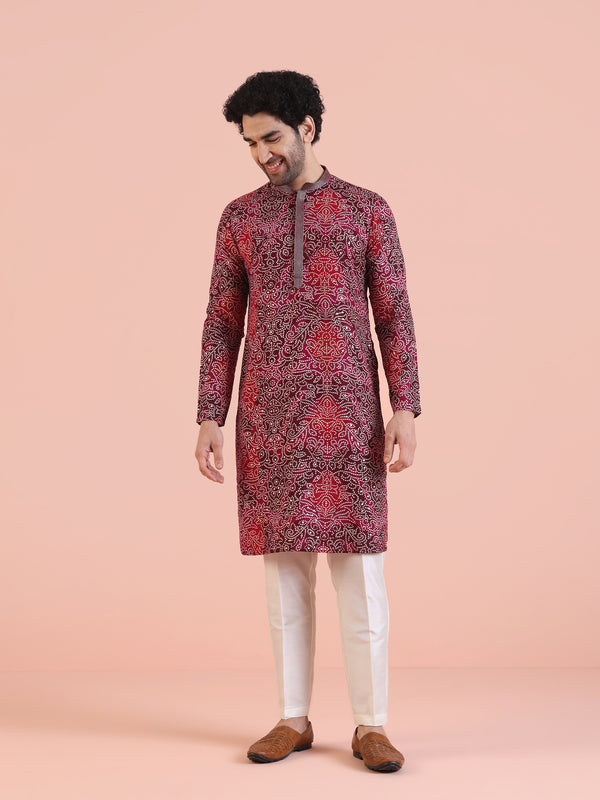 Red Silk Blend Printed Kurta White Trouser