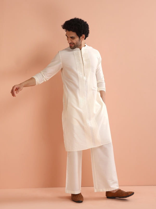 Cream Pintuck Kurta with White Wide Leg Pant