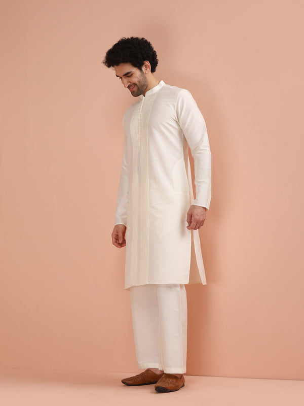Cream Pintuck Kurta with White Wide Leg Pant