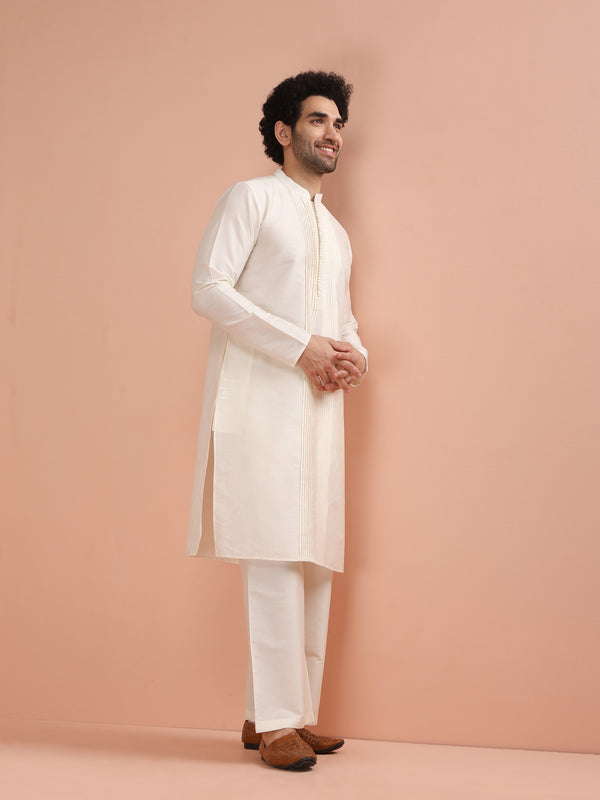 Cream Pintuck Kurta with White Wide Leg Pant
