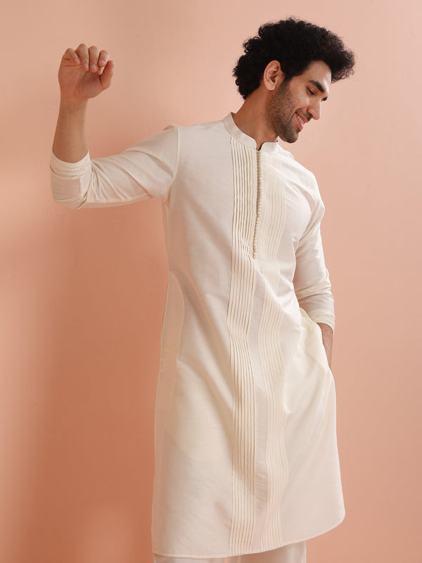 Cream Pintuck Kurta with White Wide Leg Pant