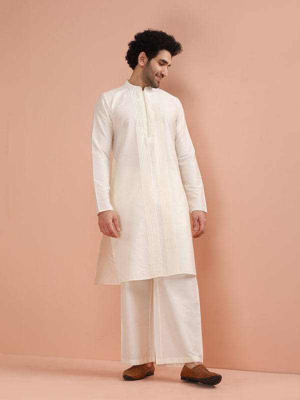 Cream Pintuck Kurta with White Wide Leg Pant