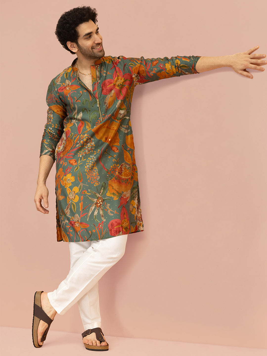 Men Multi Abstract Fluid Print Kurta Trouser Set