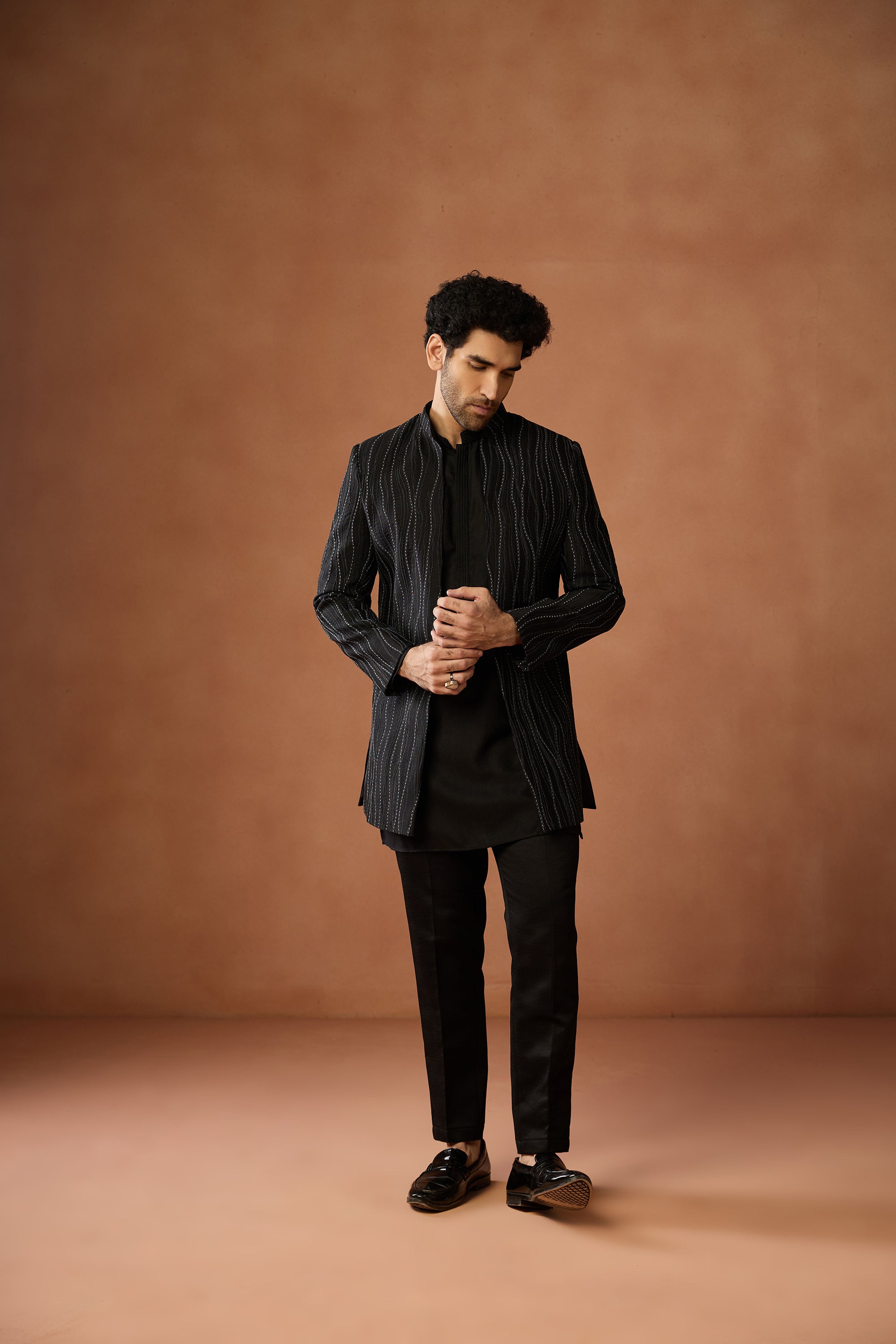 Black Sequin Sherwani Kurta Set