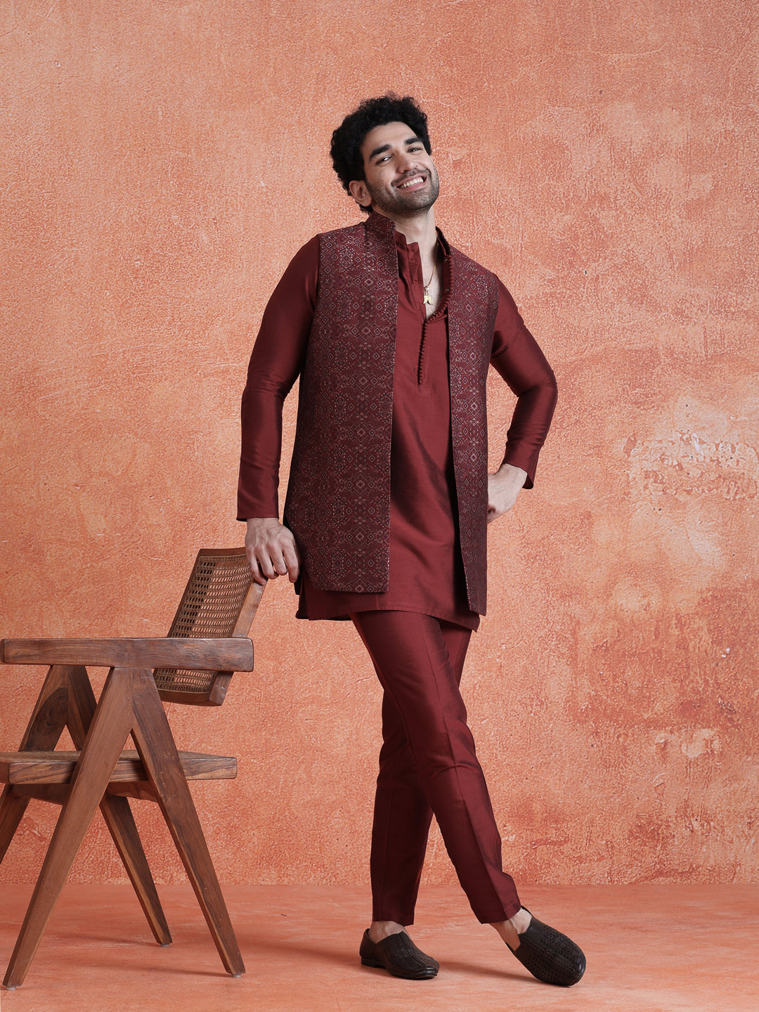 Maroon Silk Blend Jacquard Mid Kurta Front Open Long Jacket Trouser Set