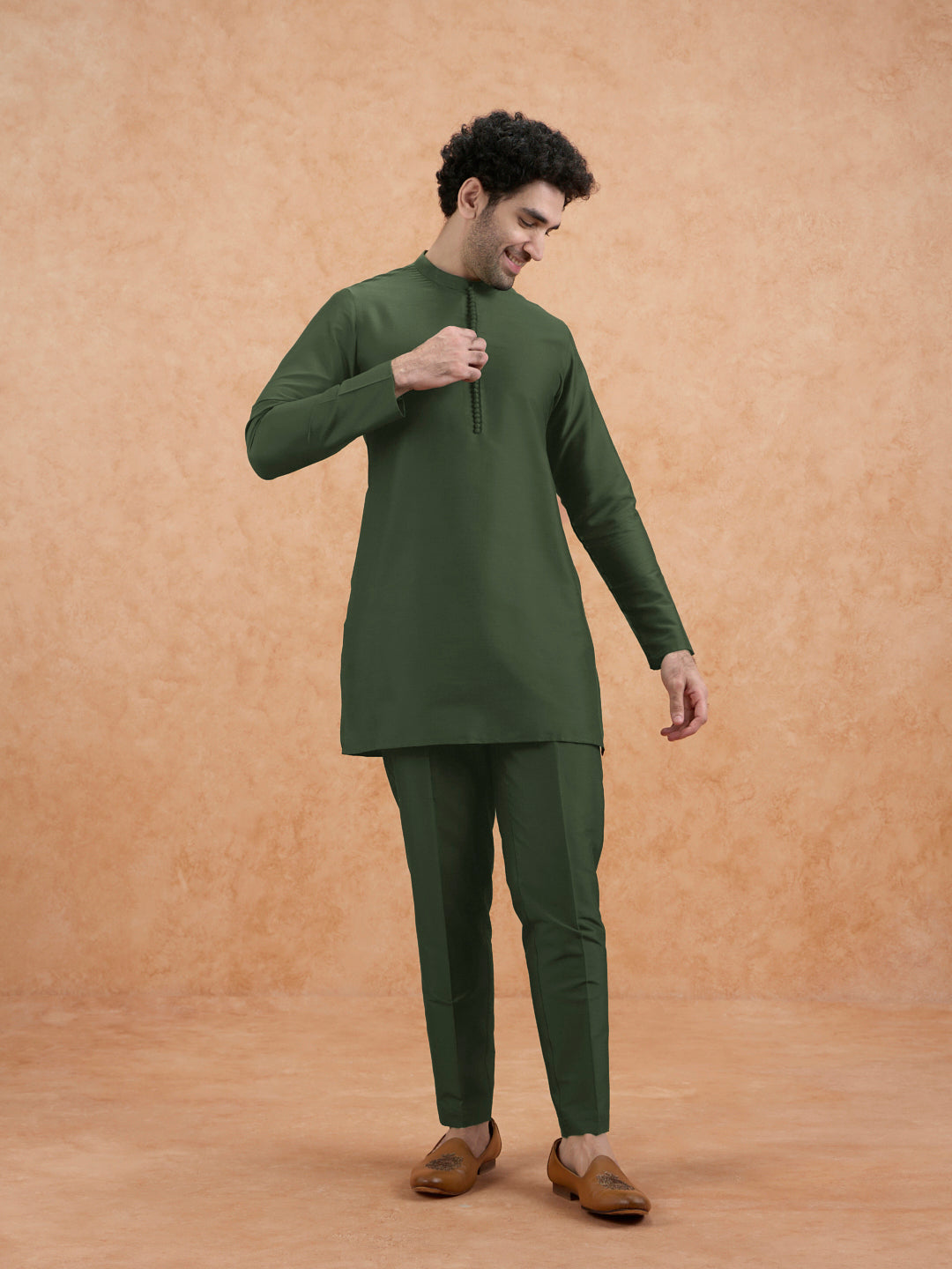 Olive Poly Silk Solid Kurta Trouser Set