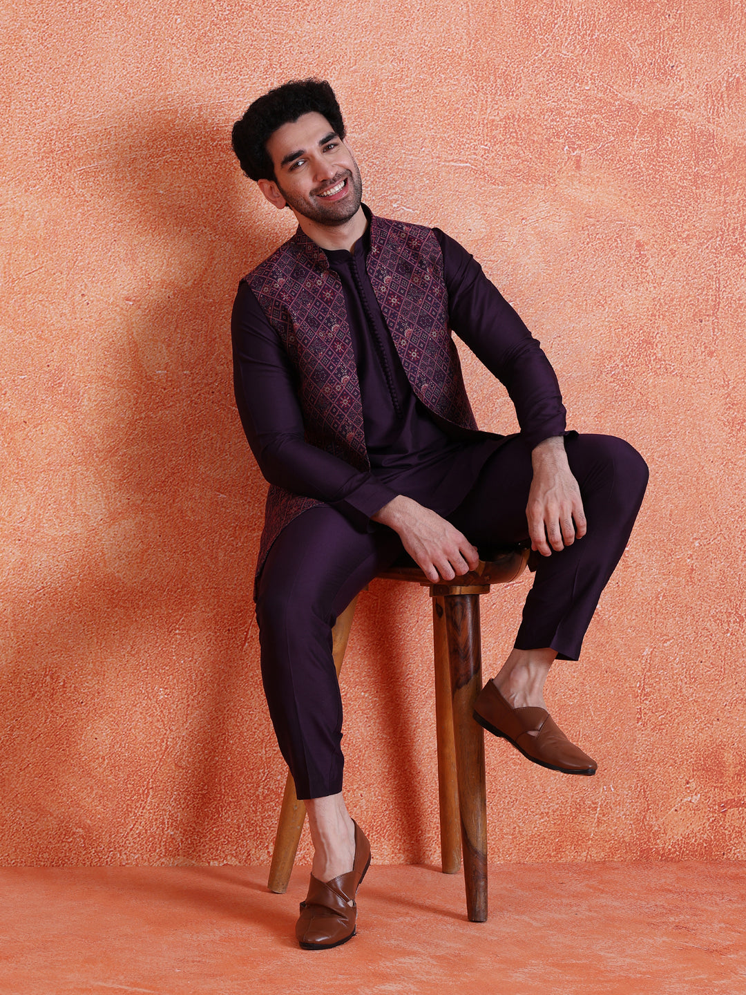 Purple Silk Blend Jacquard Mid Kurta Front Open Long Jacket Trouser Set