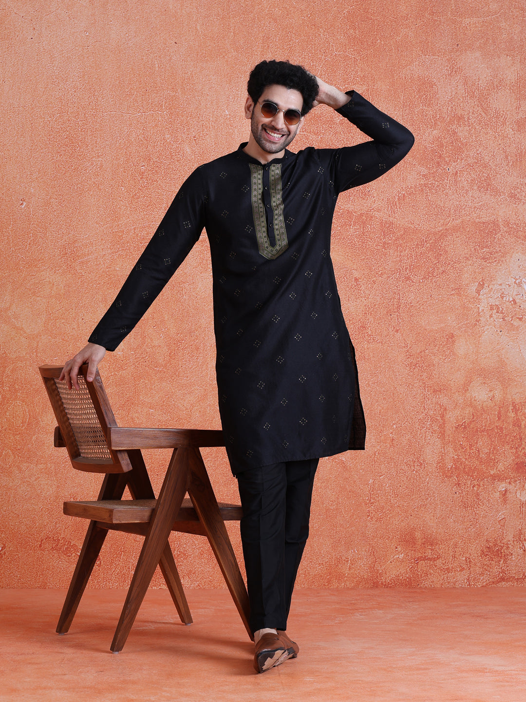 Black Silk Blend Jacquard Kurta Trouser Set