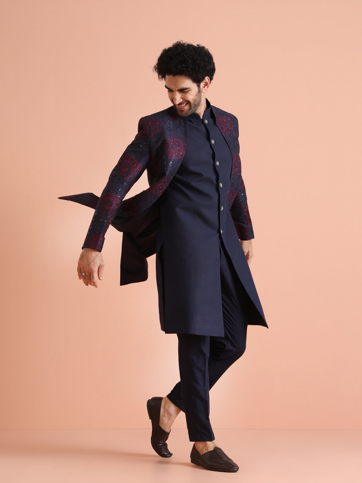 Navy Blue Floral Manyavar Half Coat Manyavar Half Jacket Pattern