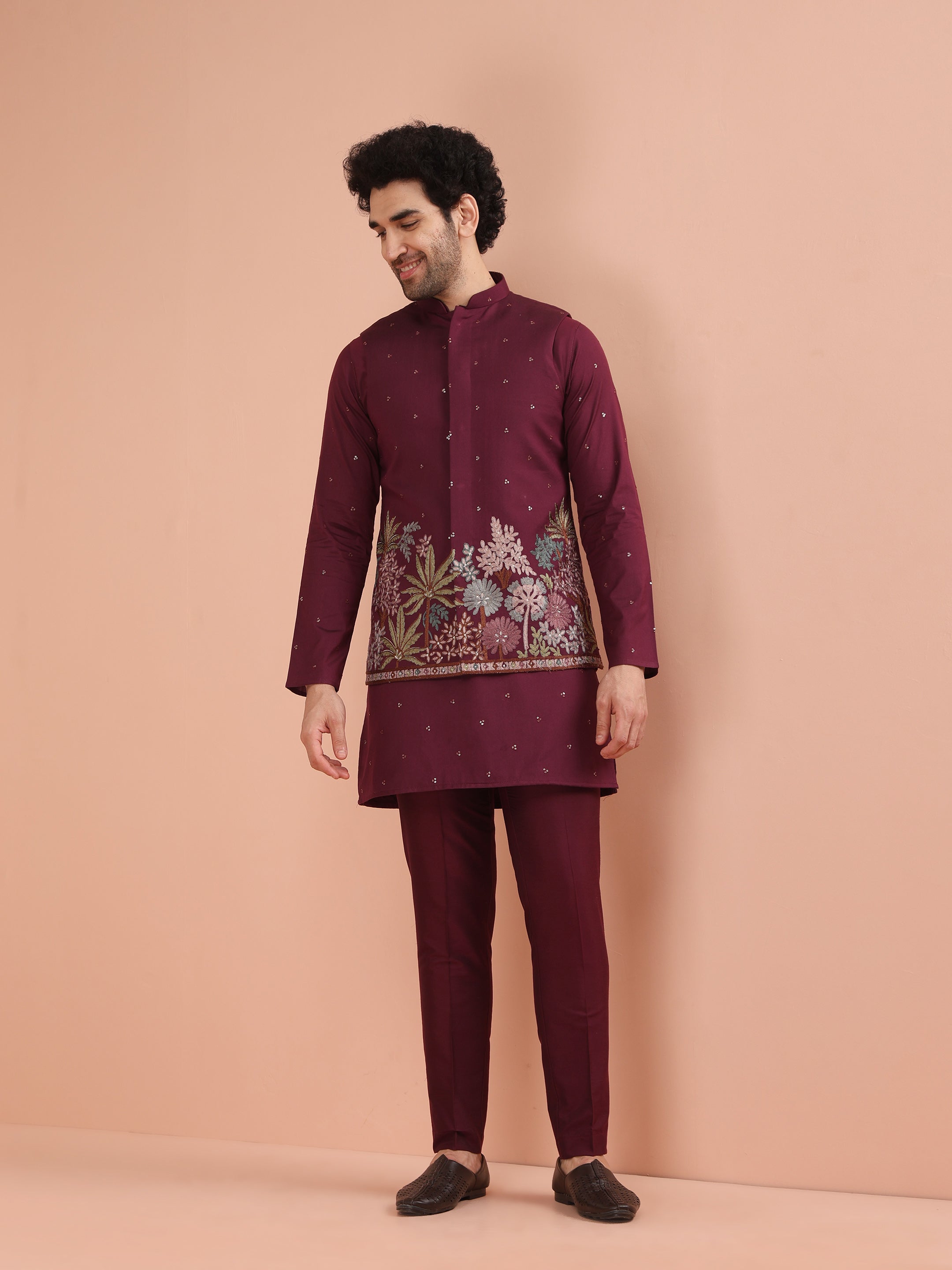 Wine Embroidered Floral Nehru Jacket – Kisah