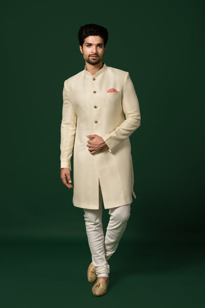Cream Textured Sherwani with Churidar