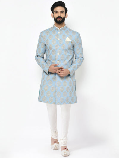 Light Blue Jacquard Sherwani with Cream Churidar