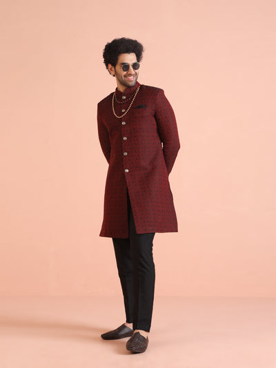 Maroon Jacquard Sherwani with Black Trouser