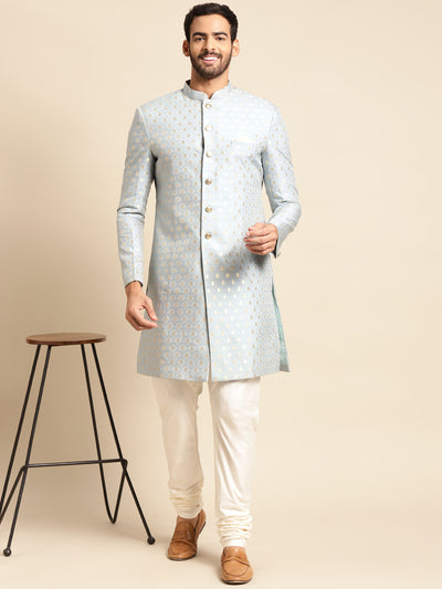 Men Blue Textured Indowestern Churidar Set