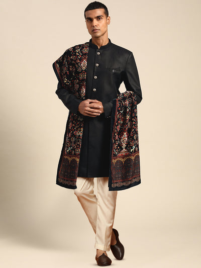 Men Black Solid Indowestern Trouser with Dupatta Set