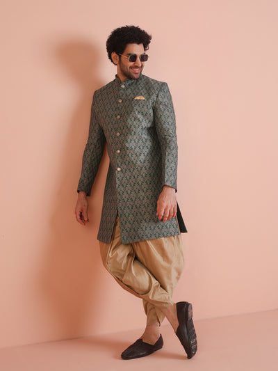 Men Olive Green Textured Indowestern Dhoti Set