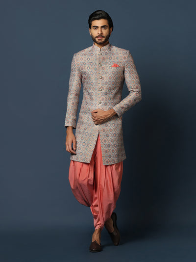 Grey Printed Sherwani with Peach Dhoti