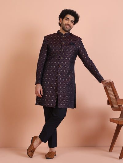 Men Purple & Wine Textured Indowestern Trouser Set