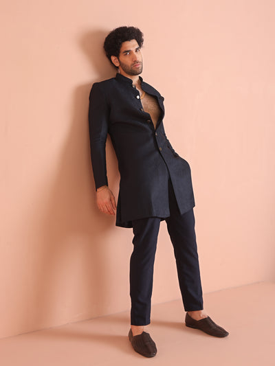 Navy Blue Textured Sherwani Trouser Set