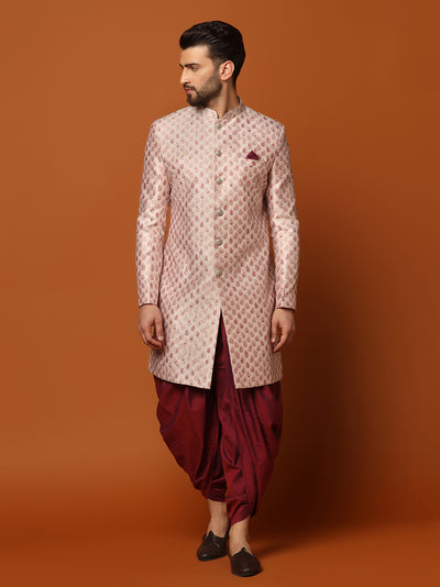 Cream Jacquard Indo-Western Sherwani with Dhoti