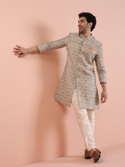 Men Multi Coloured Textured Indowestern Trouser Set