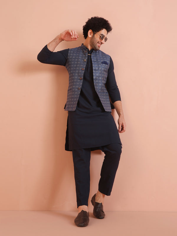 Blue Textured Nehru Jacket Kurta Trouser Set