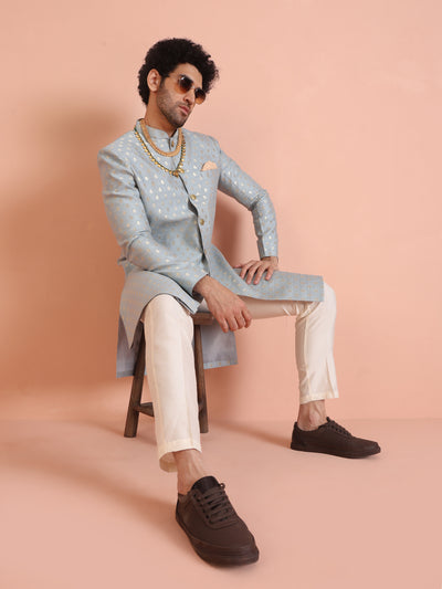 Men Blue Textured Indowestern Trouser Set