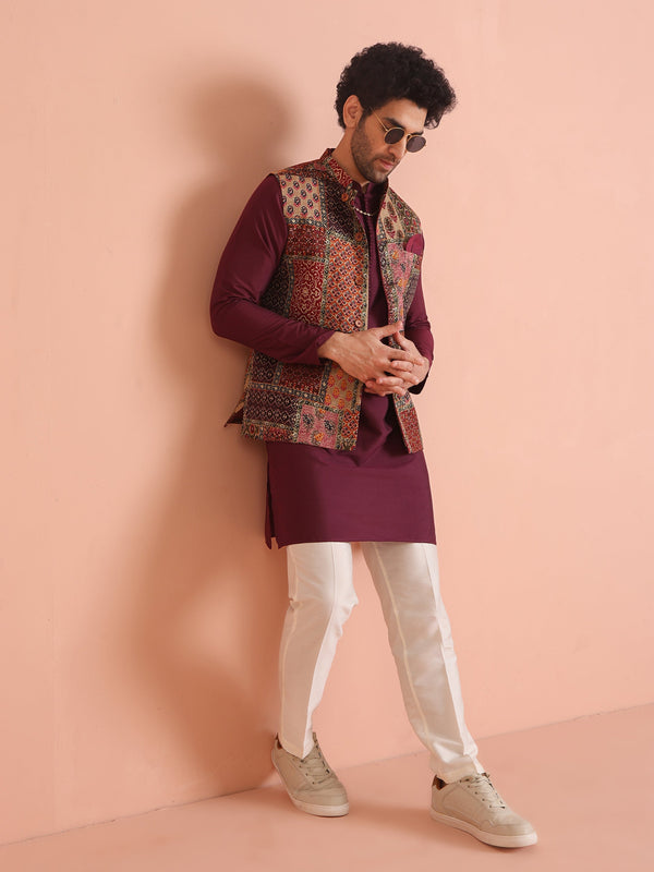 Multi Color Art Silk Printed Nehru Jacket Bundi Set with Kurta and Trouser