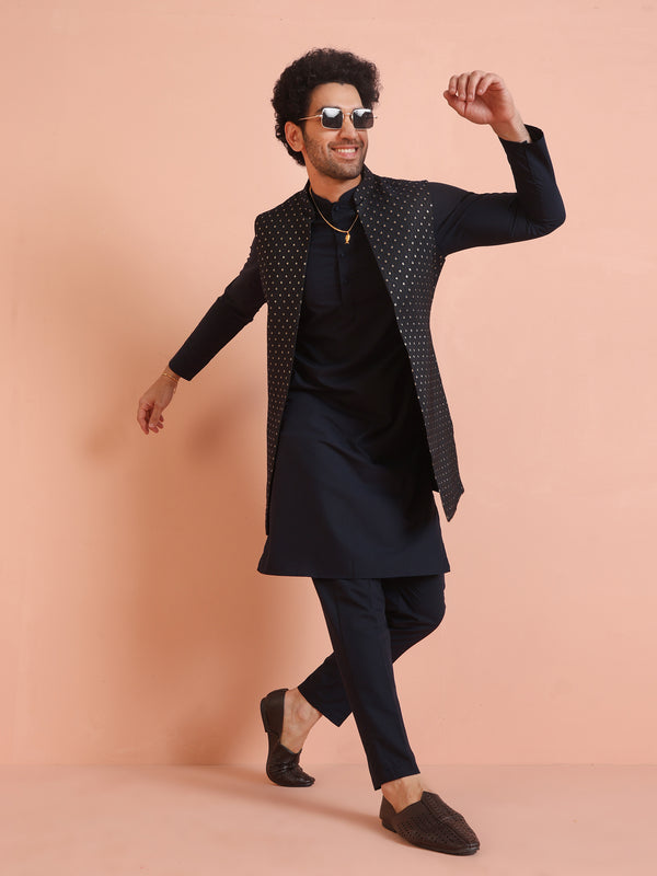 Navy Blue Silk Blend Woven Nehru Jacket Set