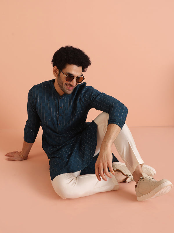 Teal Blue Jacquard Kurta Cream Trouser Set