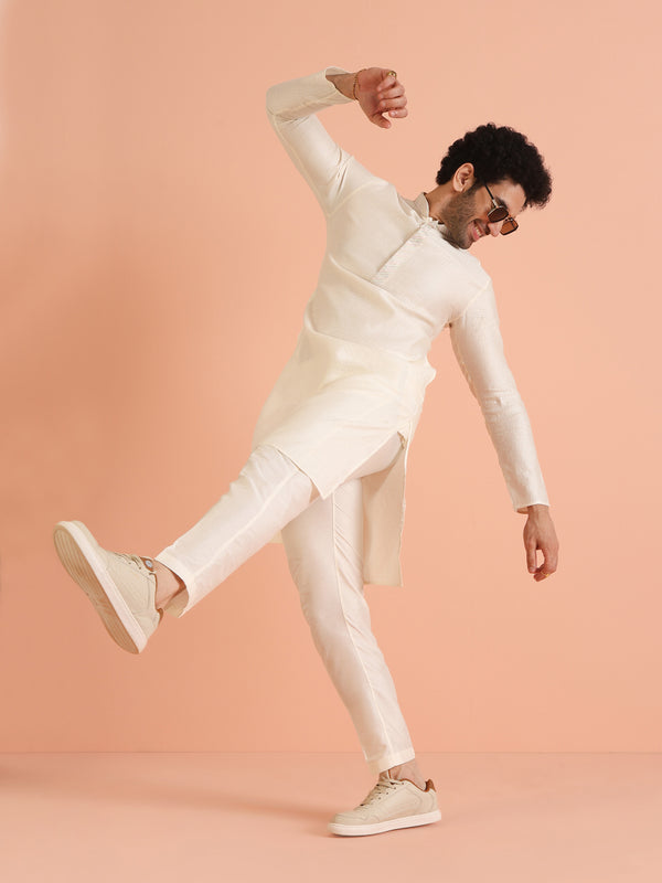 Cream Silk Blend Kurta Set with Intricate Woven Detailing and Matching Trousers â€“ Fes