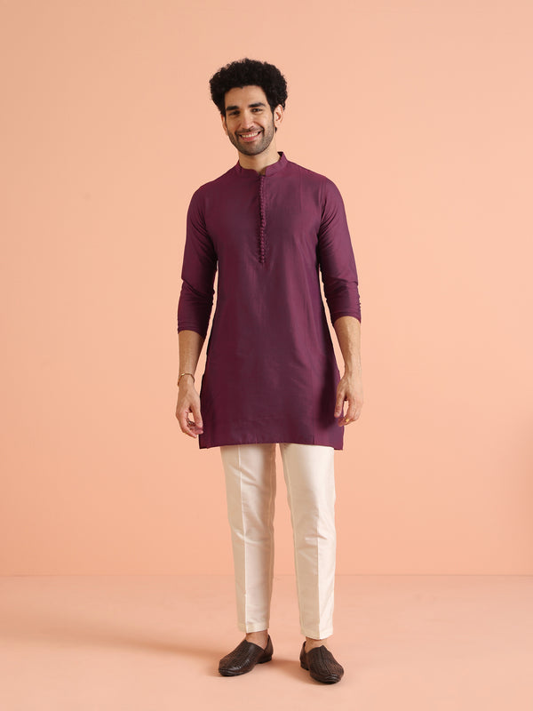 Wine Silk Blend Printed Jacket Kurta Trouser Set