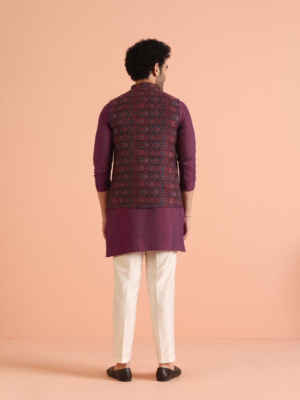 Wine Silk Blend Printed Jacket Kurta Trouser Set