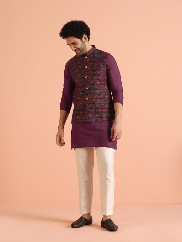 Wine Silk Blend Printed Jacket Kurta Trouser Set