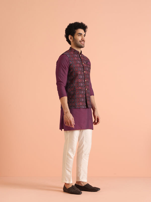 Wine Silk Blend Printed Jacket Kurta Trouser Set