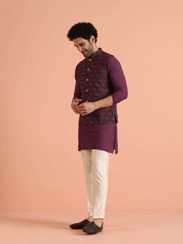 Wine Silk Blend Printed Jacket Kurta Trouser Set