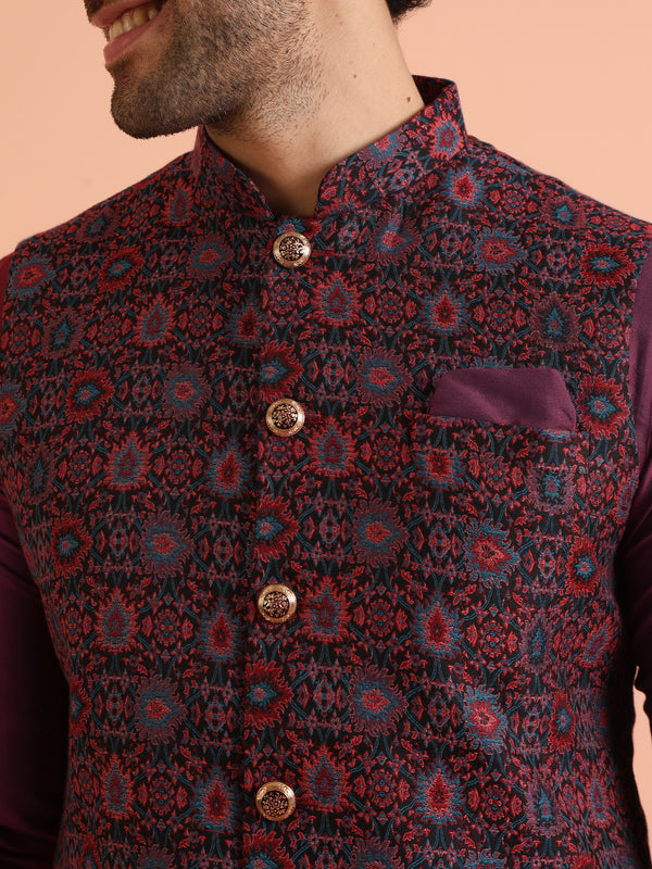 Wine Silk Blend Printed Jacket Kurta Trouser Set